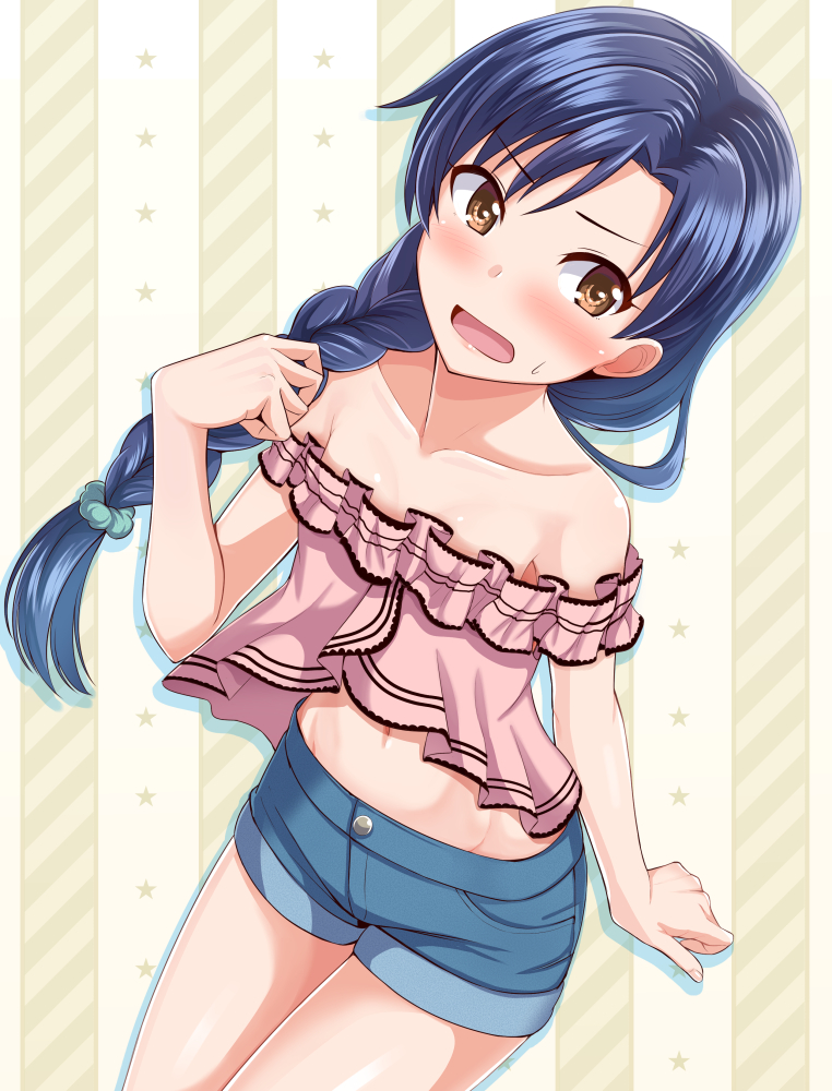 1girl blue_hair blue_shorts blush braid braided_ponytail brown_eyes collarbone dan_(orange_train) denim denim_shorts embarrassed hair_over_shoulder idolmaster idolmaster_(classic) kisaragi_chihaya long_hair looking_to_the_side midriff navel off-shoulder_shirt off_shoulder open_mouth pink_shirt shiny shiny_skin shirt short_shorts shorts single_braid sleeveless sleeveless_shirt solo standing star starry_background stomach striped striped_background very_long_hair