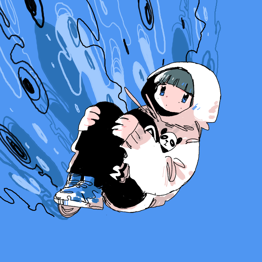 1girl bangs black_pants blue_background blue_eyes blue_footwear blunt_bangs drawstring expressionless fetal_position full_body hood hood_up knees_up long_sleeves original panda pants shoes solo soyacomu white_hoodie