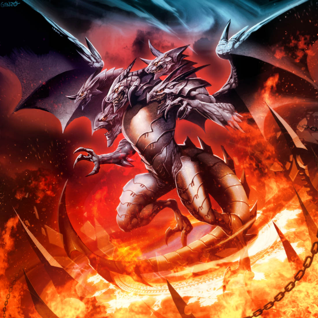 claws commentary destruction dragon dungeons_and_dragons english_commentary fantasy fire genzoman horns monster multiple_heads no_humans scales sharp_teeth tagme tail teeth tiamat_(dungeons_and_dragons) weapon western_dragon wings