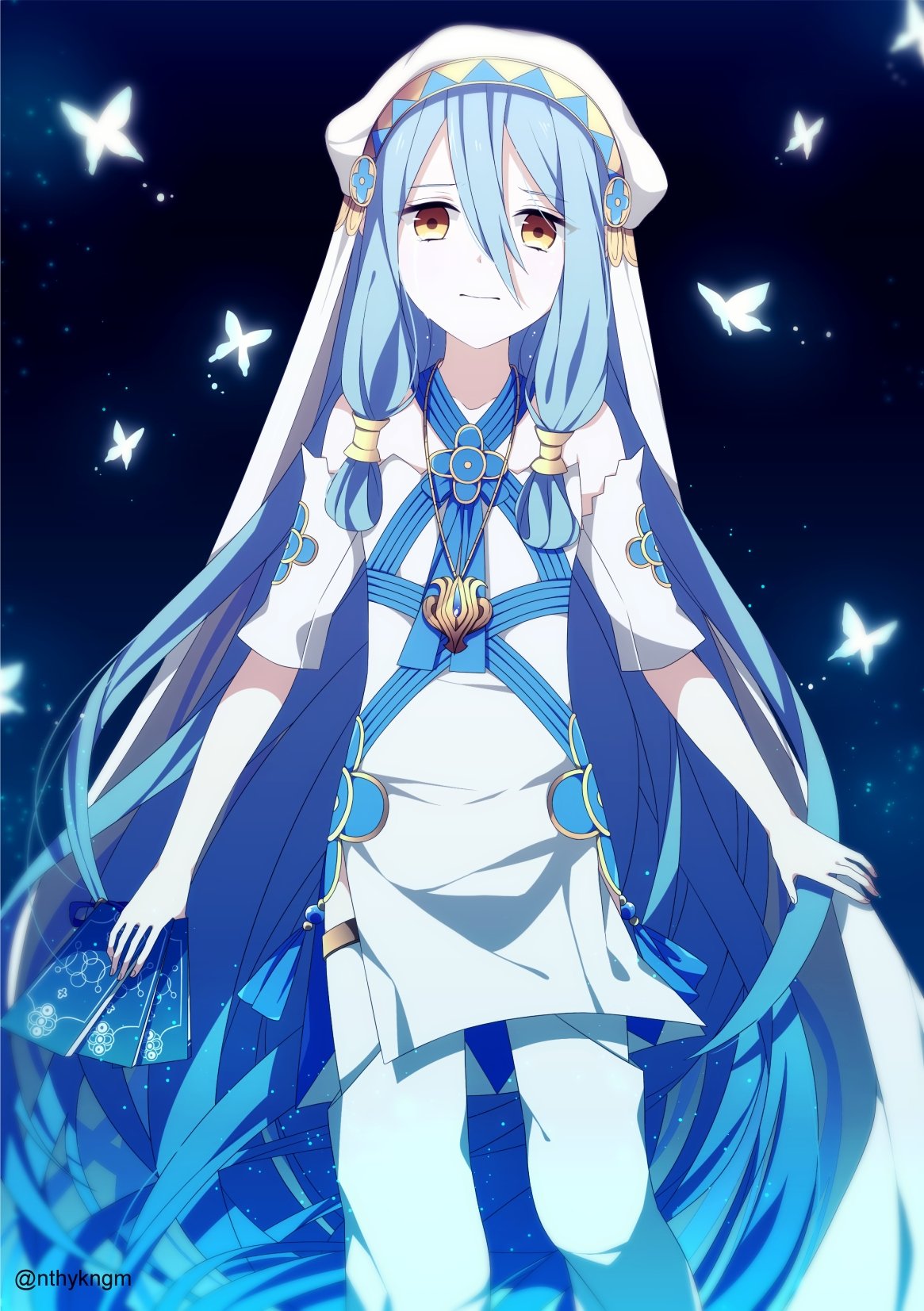 1girl aqua_(fire_emblem_if) blue_hair bug butterfly card closed_mouth crml_orng crying crying_with_eyes_open detached_sleeves fire_emblem fire_emblem_heroes fire_emblem_if hair_between_eyes highres holding holding_card insect jewelry long_hair nintendo pendant solo tears twitter_username veil yellow_eyes younger