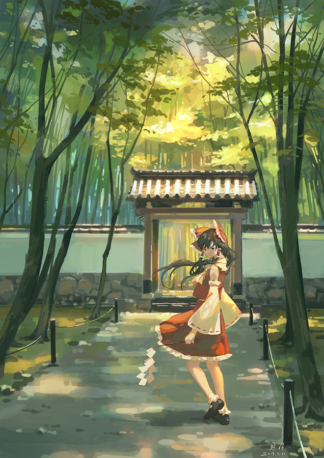 1girl ascot bare_shoulders black_footwear black_hair bobby_socks bow detached_sleeves floating_hair forest frilled_bow frilled_skirt frills from_behind gate gohei hair_bow hair_tubes hakurei_reimu japanese_clothes long_hair looking_at_viewer looking_back mary_janes miko nature nontraditional_miko path red_bow red_shirt red_skirt ribbon-trimmed_sleeves ribbon_trim road scenery shirt shoes sidelocks skirt skirt_set sleeveless sleeveless_shirt socks solo touhou tree walking wall white_legwear xiaobanbei_milk yellow_neckwear