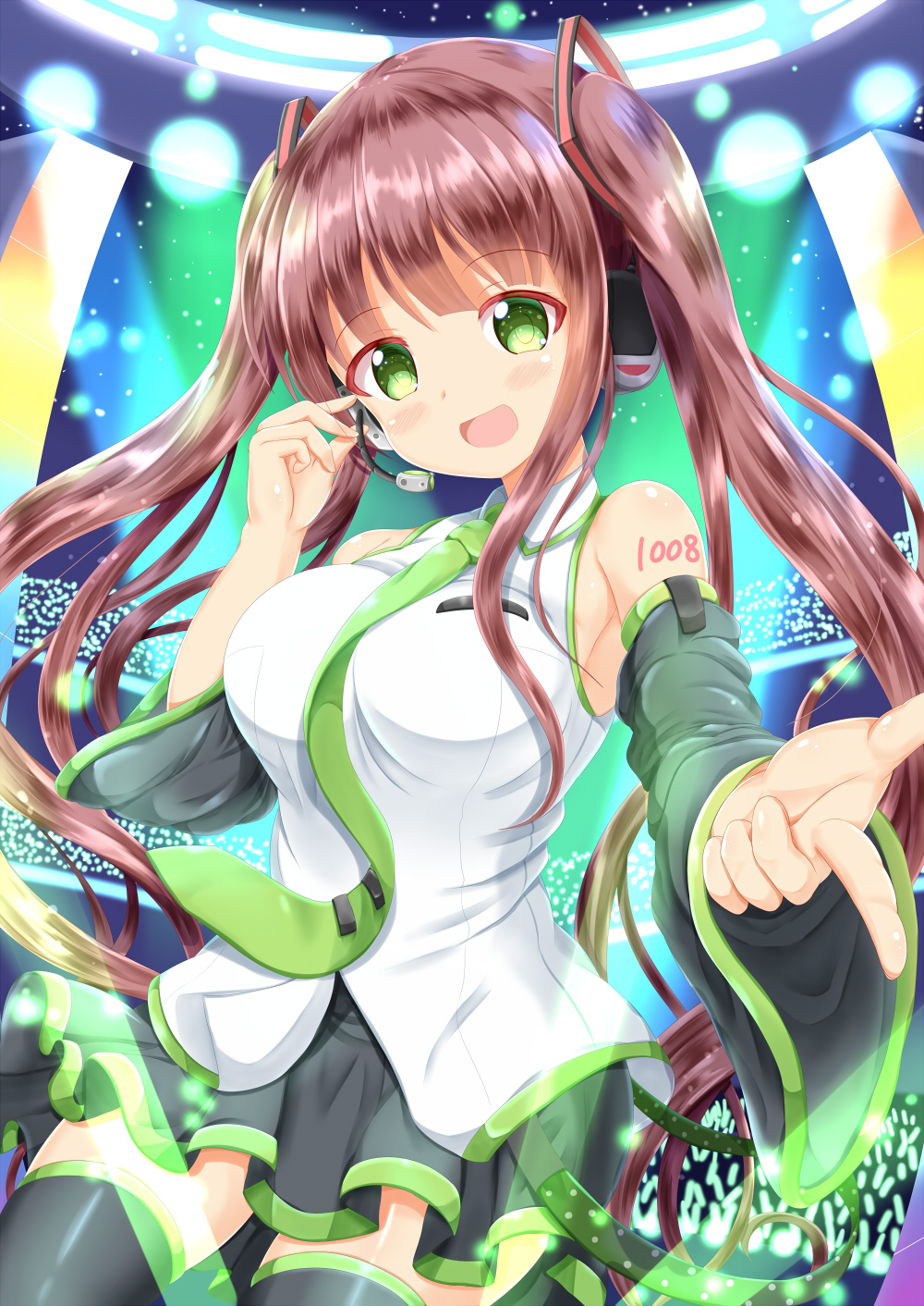 1girl :d bangs bare_shoulders black_legwear black_skirt black_sleeves blush body_writing breasts brown_hair collared_shirt commentary_request cosplay detached_sleeves eyebrows_visible_through_hair gochuumon_wa_usagi_desu_ka? green_eyes green_neckwear hair_ornament hatsune_miku hatsune_miku_(cosplay) head_tilt headphones headset highres large_breasts long_hair long_sleeves necktie open_mouth pleated_skirt pointing pointing_at_viewer shirt skirt sleeveless sleeveless_shirt smile solo thigh-highs tie_clip twintails ujimatsu_chiya very_long_hair vocaloid white_shirt zenon_(for_achieve)