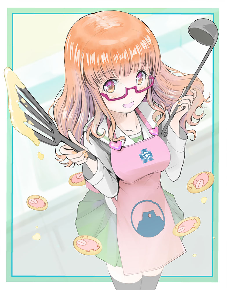 1girl anglerfish apron bangs black_legwear blouse blunt_bangs blurry blurry_background border commentary cowboy_shot emblem eyebrows_visible_through_hair foreshortening girls_und_panzer glasses green_border heart holding holding_ladle holding_spatula japanese_tankery_league_(emblem) ladle light_blush long_hair long_sleeves looking_at_viewer miniskirt ooarai_(emblem) ooarai_school_uniform open_mouth orange_eyes orange_hair outside_border pink_apron pleated_skirt print_apron red-framed_eyewear school_uniform semi-rimless_eyewear serafuku skirt smile solo spatula standing takebe_saori thigh-highs under-rim_eyewear white_blouse yurikuta_tsukumi