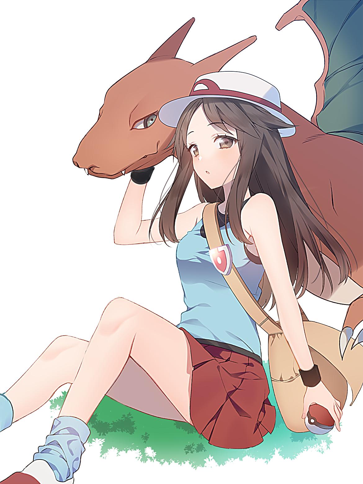 1girl baseball_cap blue_(pokemon) blue_eyes blush brown_eyes brown_hair charizard creatures_(company) game_freak gen_1_pokemon hat highres long_hair nintendo poke_ball pokemon pokemon_(creature) pokemon_(game) pokemon_rgby ryonhei shirt skirt smile solo super_smash_bros. super_smash_bros_ultimate white_background