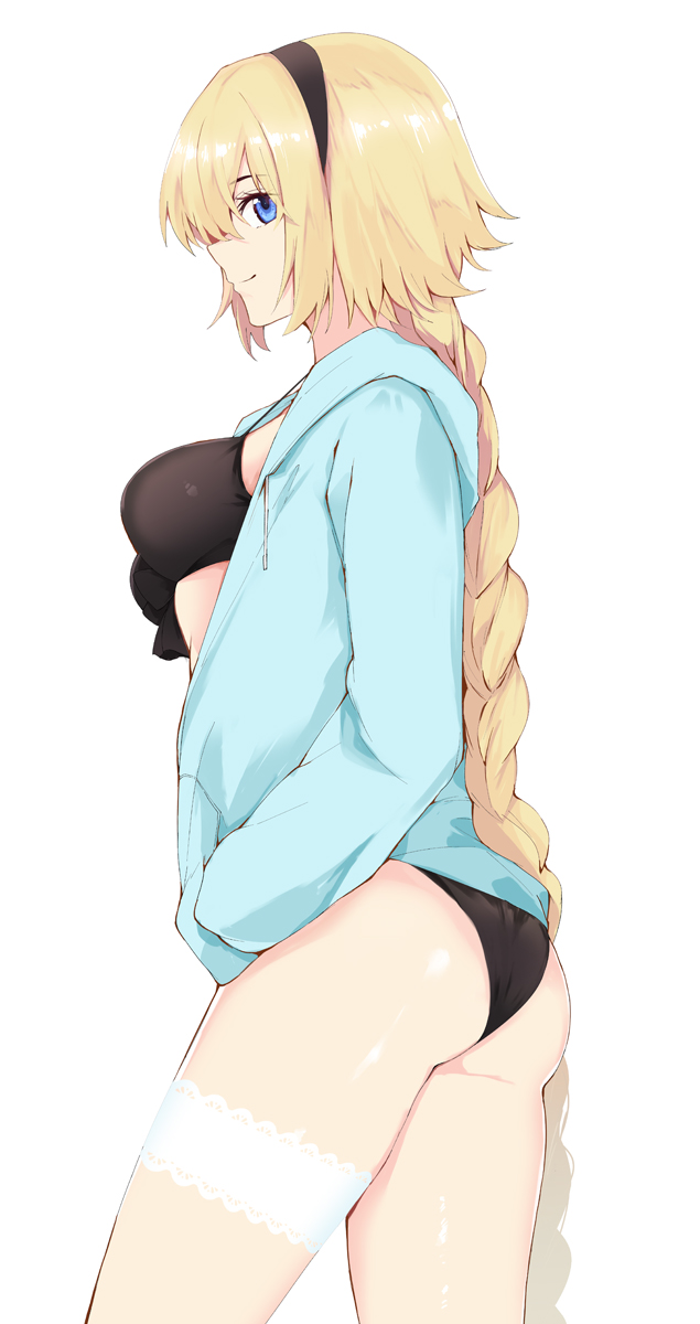 1girl ass bikini blonde_hair blue_eyes braid breasts contrapposto fate_(series) hairband hands_in_pockets highres hood hoodie jeanne_d'arc_(fate) jeanne_d'arc_(fate)_(all) kanameya long_hair looking_at_viewer profile simple_background single_braid solo swimsuit thigh_strap very_long_hair white_background