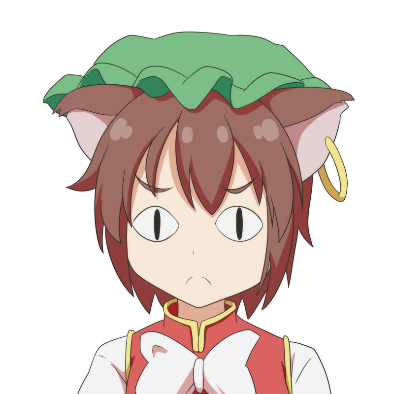 &lt;|&gt;_&lt;|&gt; 1girl :c animal_ears brown_hair cat_ears cato_(monocatienus) chen commentary eyebrows_visible_through_hair face frown hat jewelry looking_at_viewer portrait short_hair simple_background single_earring solo touhou white_background