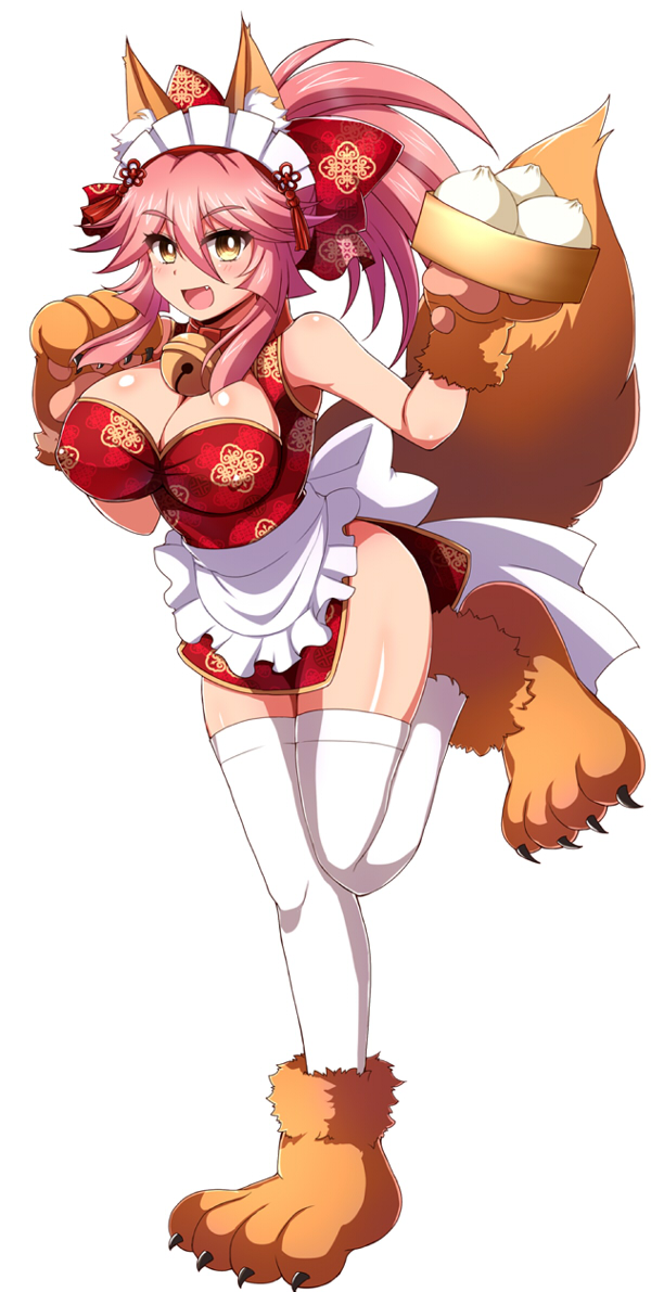 1girl afuro animal_ear_fluff animal_ears bare_shoulders bell bell_collar blush breasts cat_paws china_dress chinese_clothes cleavage collar dress fangs fate/grand_order fate_(series) food fox_ears fox_girl fox_tail full_body gloves hair_ornament hair_ribbon jingle_bell large_breasts long_hair looking_at_viewer maid_headdress paw_gloves paw_shoes paws pink_hair ponytail ribbon shoes simple_background solo tail tamamo_(fate)_(all) tamamo_cat_(fate) white_background white_legwear