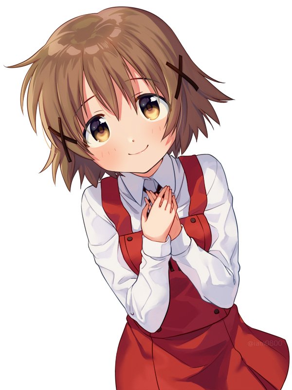 1girl brown_eyes brown_hair commentary_request hair_between_eyes hair_ornament hands_on_own_chest hidamari_sketch looking_at_viewer sayshownen school_uniform shirt short_hair simple_background smile solo twitter_username white_background white_shirt x_hair_ornament yuno