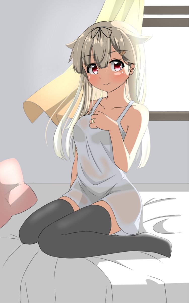 1girl alternate_costume bed black_legwear black_ribbon blonde_hair curtains dress full_body hair_flaps hair_ornament hair_ribbon hairclip highres kantai_collection long_hair looking_at_viewer on_bed pillow red_eyes remodel_(kantai_collection) ribbon sakuramai_(sakuramai_0525) sitting smile solo sundress thigh-highs wariza white_dress window yuudachi_(kantai_collection)