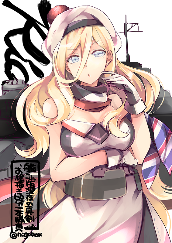 1girl belt beret blonde_hair blue_eyes character_name chestnut_mouth commentary_request dress gloves hair_between_eyes hat kantai_collection long_hair looking_at_viewer machinery mole mole_under_eye mole_under_mouth multicolored multicolored_clothes multicolored_dress multicolored_gloves multicolored_scarf nigo pom_pom_(clothes) richelieu_(kantai_collection) scarf simple_background solo strapless strapless_dress white_background white_headwear