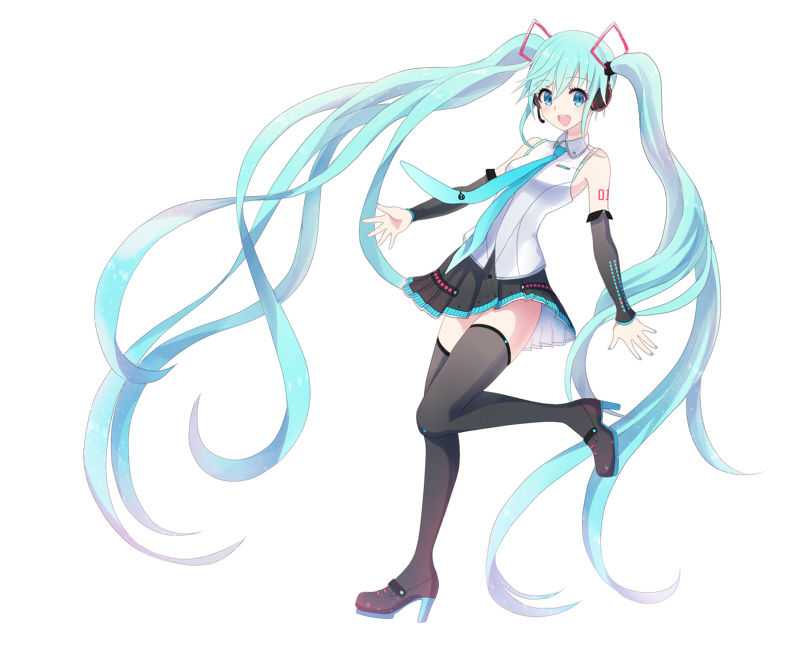 1girl 23-0 :d absurdly_long_hair black_footwear black_skirt black_sleeves blue_eyes blue_hair blue_neckwear boots collared_shirt detached_sleeves eyebrows_visible_through_hair floating_hair full_body hair_between_eyes hatsune_miku headphones headset leg_up long_hair long_sleeves looking_at_viewer microphone miniskirt necktie open_mouth pleated_skirt shirt simple_background skirt sleeveless sleeveless_shirt smile solo standing standing_on_one_leg thigh-highs thigh_boots twintails very_long_hair vocaloid white_background white_shirt wing_collar zettai_ryouiki