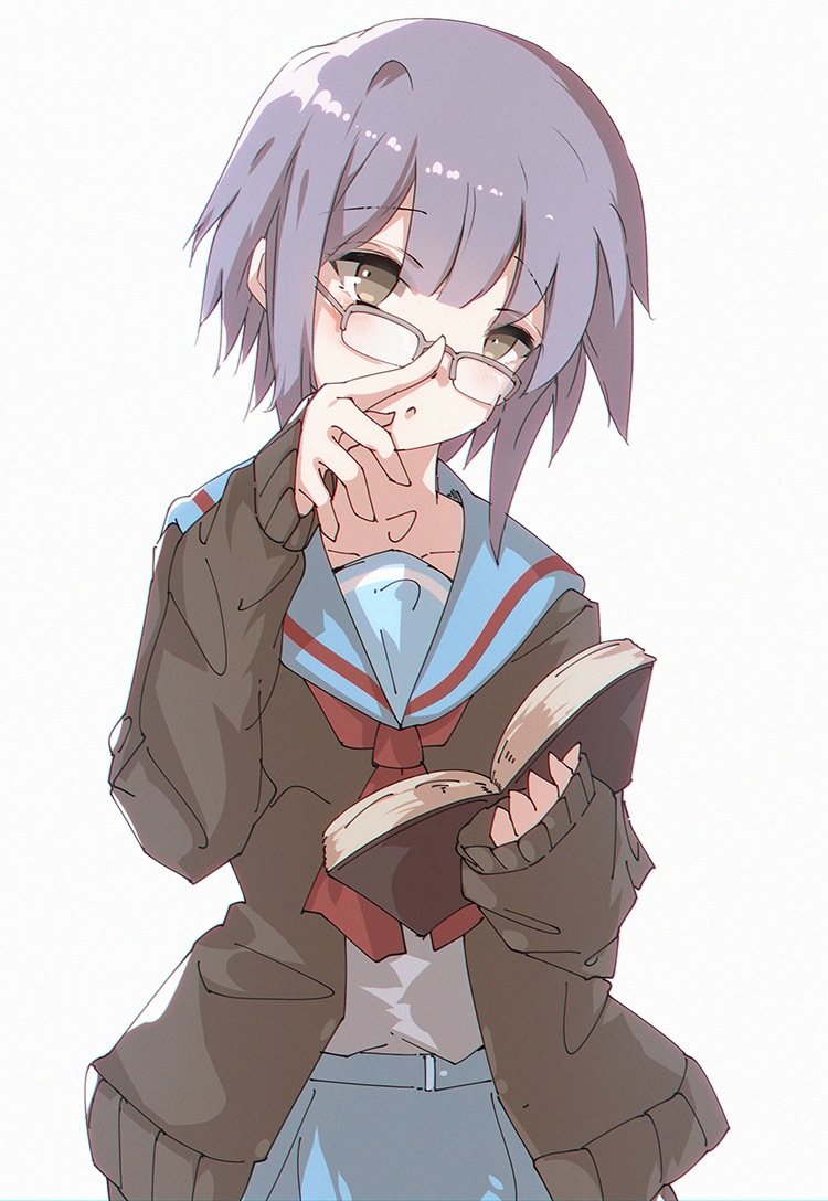 1girl :o adjusting_eyewear bangs blue_sailor_collar blue_skirt blunt_bangs blush book brown_cardigan brown_eyes cardigan commentary_request cowboy_shot eyebrows_visible_through_hair glasses grey-framed_eyewear grey_shirt head_tilt holding holding_book katuo1129 kita_high_school_uniform long_sleeves nagato_yuki neckerchief open_book open_cardigan open_clothes over-rim_eyewear parted_lips purple_hair red_neckwear sailor_collar school_uniform semi-rimless_eyewear serafuku shirt short_hair skirt sleeves_past_wrists solo suzumiya_haruhi_no_yuuutsu