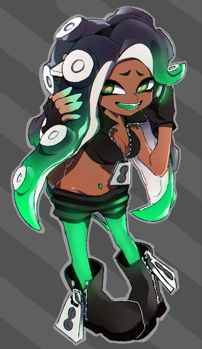 1girl :d aqua_skin black_footwear black_gloves black_hair black_shorts boots breasts cleavage crop_top dark_skin esu_(transc) fingerless_gloves full_body furrowed_eyebrows gloves gradient_hair green_hair green_legwear groin headphones highres horizontal_pupils iida_(splatoon) legwear_under_shorts long_hair medium_breasts mole mole_under_mouth multicolored multicolored_hair multicolored_skin navel_piercing octarian open_mouth outline pantyhose piercing pink_pupils shorts sleeveless smile solo splatoon splatoon_(series) splatoon_2 suction_cups teeth tentacle_hair two-tone_hair two-tone_skin unzipped zipper zipper_pull_tab