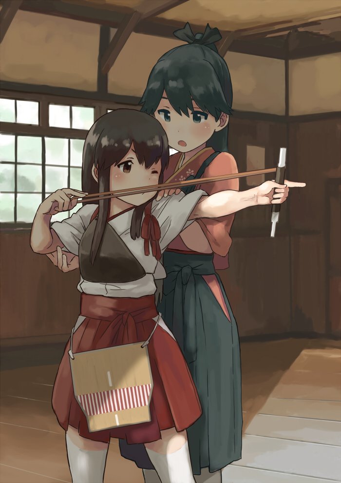 2girls aiming akagi_(kantai_collection) apron black_hair blue_hakama brown_eyes brown_hair feet_out_of_frame hakama hakama_skirt high_ponytail houshou_(kantai_collection) indoors japanese_clothes kantai_collection kimono long_hair matsutani multiple_girls muneate one_eye_closed pink_kimono ponytail quiver standing straight_hair tasuki thigh-highs white_legwear window younger