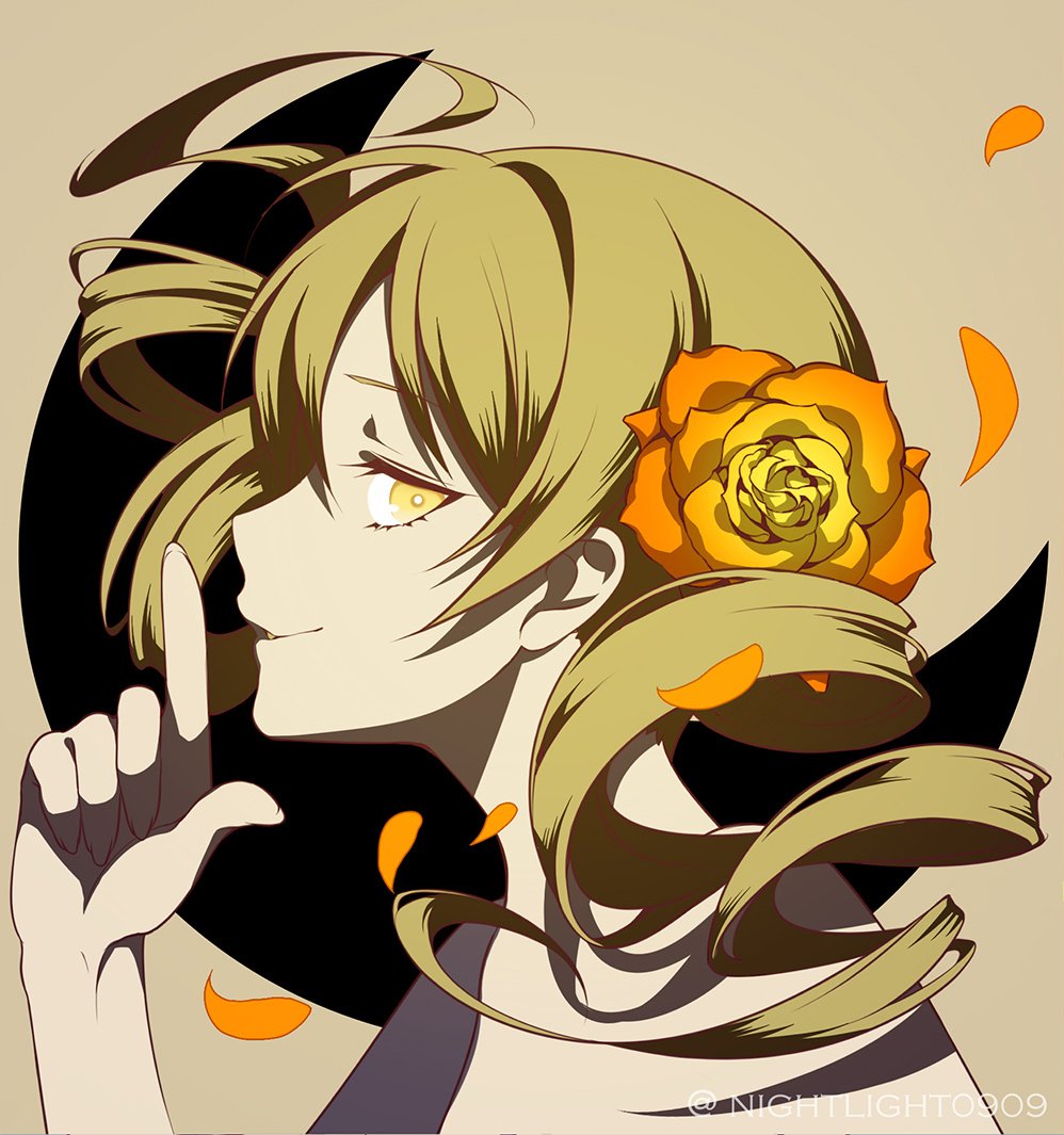 1girl blonde_hair drill_hair flower grin hair_flower hair_ornament long_hair looking_at_viewer looking_to_the_side mahou_shoujo_madoka_magica nightlight0909 orange_flower orange_rose petals profile rose smile solo tomoe_mami