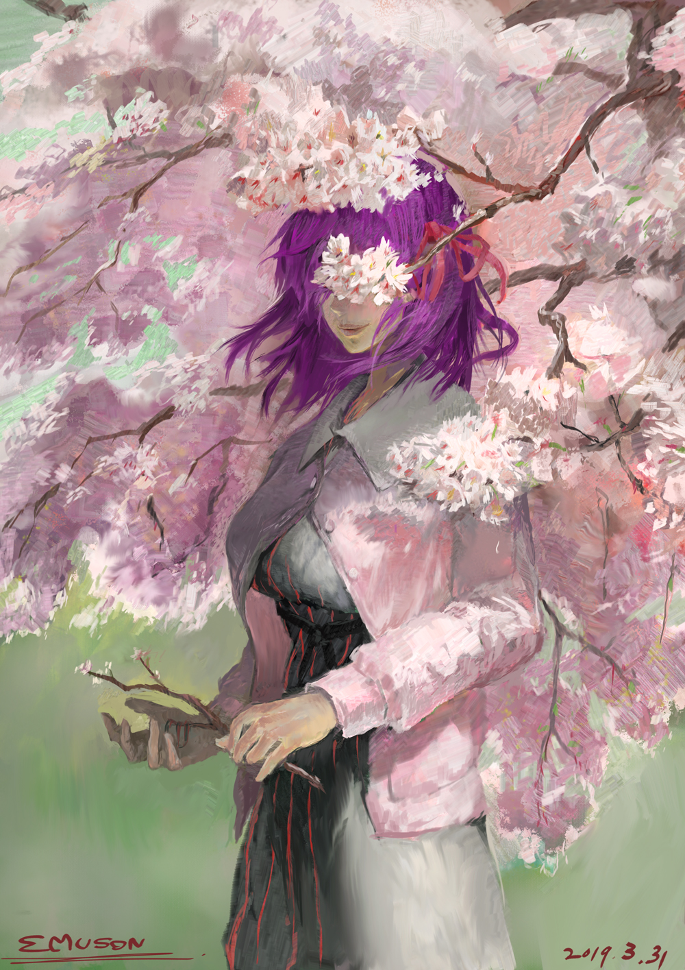 1girl artist_name branch cardigan cherry_blossoms commentary_request covered_eyes cowboy_shot dated dress emuson fate/stay_night fate_(series) faux_traditional_media flower hair_ribbon highres holding lips matou_sakura medium_hair parted_lips purple_hair red_ribbon ribbon signature solo tree