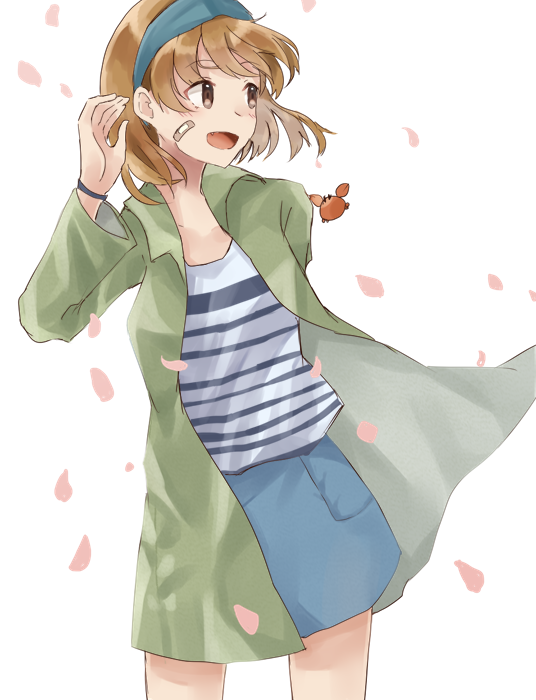 1girl 1other animal animal_on_shoulder bandaid bandaid_on_face blue_hairband blue_skirt brown_eyes brown_hair cherry_blossoms commentary_request cowboy_shot crab denim denim_skirt green_coat hairband kantai_collection looking_to_the_side oboro_(kantai_collection) open_mouth petals shirt short_hair skirt smile standing striped striped_shirt u_yuz_xx white_background white_shirt