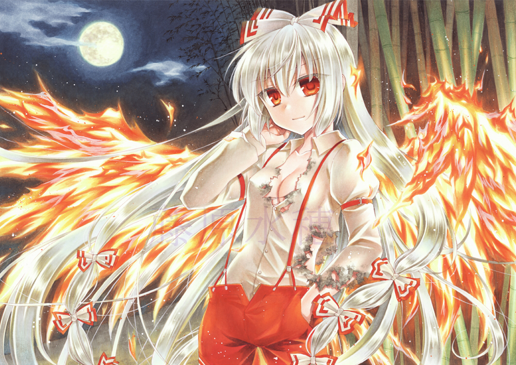 1girl bamboo bamboo_forest bow breasts cleavage collarbone collared_shirt dress_shirt fiery_wings floating_hair forest fujiwara_minaho fujiwara_no_mokou full_moon hair_between_eyes hair_bow hand_in_hair hand_in_pocket long_hair long_sleeves looking_at_viewer marker_(medium) medium_breasts moon nature night outdoors pants red_eyes red_pants shirt silver_hair smile solo suspenders torn_clothes torn_shirt touhou traditional_media very_long_hair white_bow white_shirt wing_collar