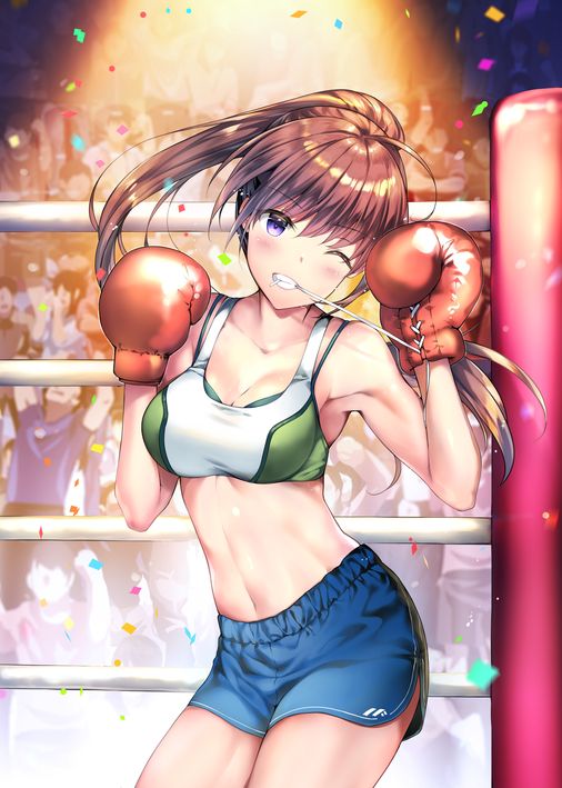 1girl ;d ahoge armpits bare_arms bare_shoulders blue_shorts blurry boxing_gloves boxing_ring breasts brown_hair cleavage collarbone commentary_request confetti contrapposto cowboy_shot crowd floating_hair hands_up long_hair looking_at_viewer medium_breasts midriff mouth_hold navel one_eye_closed open_mouth original ponytail rei_(rei's_room) short_shorts shorts smile solo_focus sports_bra standing stomach thighs violet_eyes