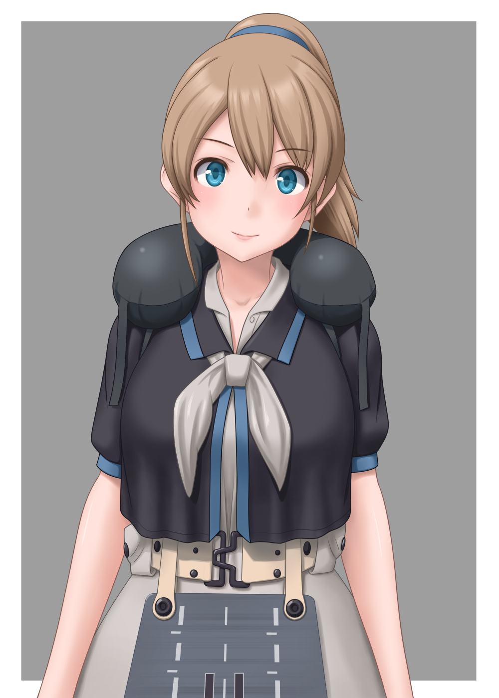 1girl belt black_shirt blue_eyes breasts brown_belt brown_hair grey_background grey_neckwear hair_between_eyes highres intrepid_(kantai_collection) kantai_collection large_breasts life_preserver looking_at_viewer neck_pillow neckerchief ponytail shirt short_hair short_sleeves skirt solo t2r upper_body white_shirt white_skirt