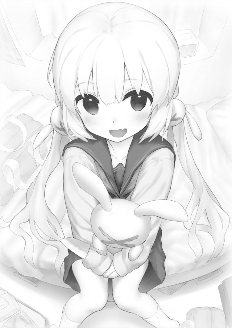 1girl bag bangs bedroom black_skirt blush bunny_hair_ornament clock commentary feet_out_of_frame fisheye from_above fueru_nattou greyscale hair_ornament holding holding_stuffed_animal indoors kitchen_knife knife long_hair long_sleeves low_twintails miniskirt monochrome natori_sana on_bed room sana_channel school_uniform sitting skirt smile socks solo stuffed_animal stuffed_bunny stuffed_toy twintails two_side_up virtual_youtuber window