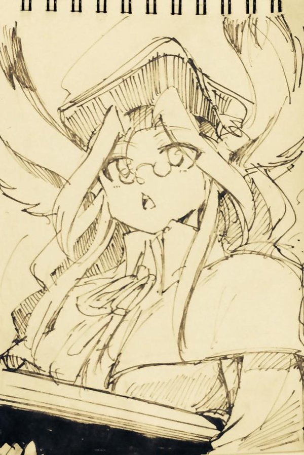 1girl animal_ears aosa_(momikin) bazooka breath_of_fire breath_of_fire_iii commentary_request glasses gun hat long_hair millipen_(medium) momo_(breath_of_fire) monochrome rabbit_ears robe solo traditional_media weapon