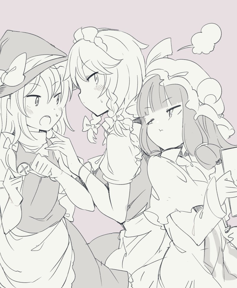 3girls :t apron bangs blunt_bangs blush book bow cheek_press commentary_request cowboy_shot crescent frills fuukadia_(narcolepsy) hair_between_eyes hair_bow hat hat_bow hat_ribbon holding holding_book izayoi_sakuya jealous kirisame_marisa leaning_on_person long_hair long_sleeves looking_at_another looking_back maid_headdress mob_cap monochrome multiple_girls open_mouth patchouli_knowledge puffy_short_sleeves puffy_sleeves ribbon short_sleeves sweat touhou waist_apron witch_hat