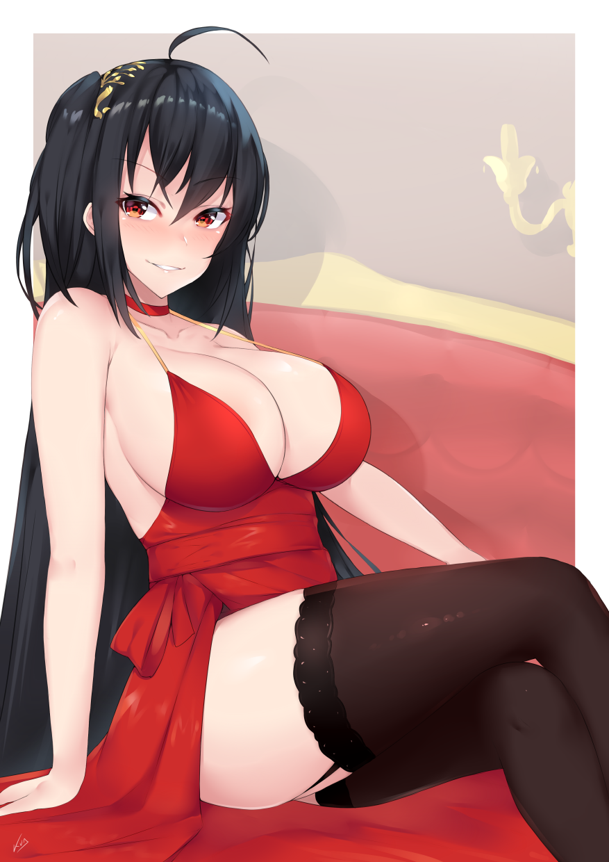1girl ahoge arm_support azur_lane bangs bare_arms black_hair black_legwear blush breasts choker cleavage collarbone dress eyebrows_visible_through_hair garter_straps grin hair_ornament highres kuavera large_breasts legs_crossed long_hair looking_at_viewer parted_lips red_choker red_dress red_eyes sitting smile solo straight_hair strap_gap taihou_(azur_lane) thigh-highs very_long_hair