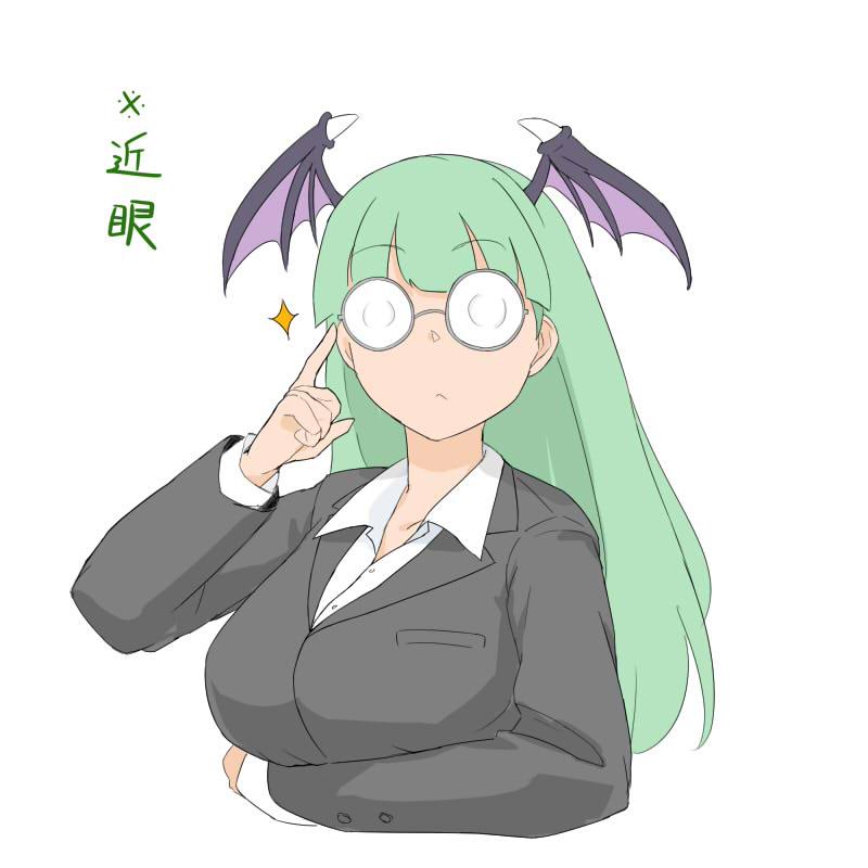 1girl adjusting_eyewear bakkanki bangs bespectacled breasts business_suit closed_mouth coke-bottle_glasses collared_shirt formal glasses green_hair head_wings large_breasts long_hair looking_at_viewer morrigan_aensland office_lady shirt simple_background solo suit upper_body vampire_(game) wings