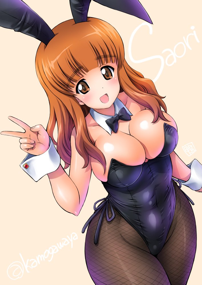 1girl :d animal_ears artist_name bare_shoulders black_leotard blush bow bowtie breasts brown_eyes character_name cleavage detached_collar fake_animal_ears fishnet_pantyhose fishnets from_above girls_und_panzer highleg highleg_leotard kamogawa_tanuki large_breasts leotard looking_at_viewer open_mouth orange_hair pantyhose rabbit_ears shiny shiny_hair shiny_skin side-tie_leotard smile solo takebe_saori twitter_username v wrist_cuffs