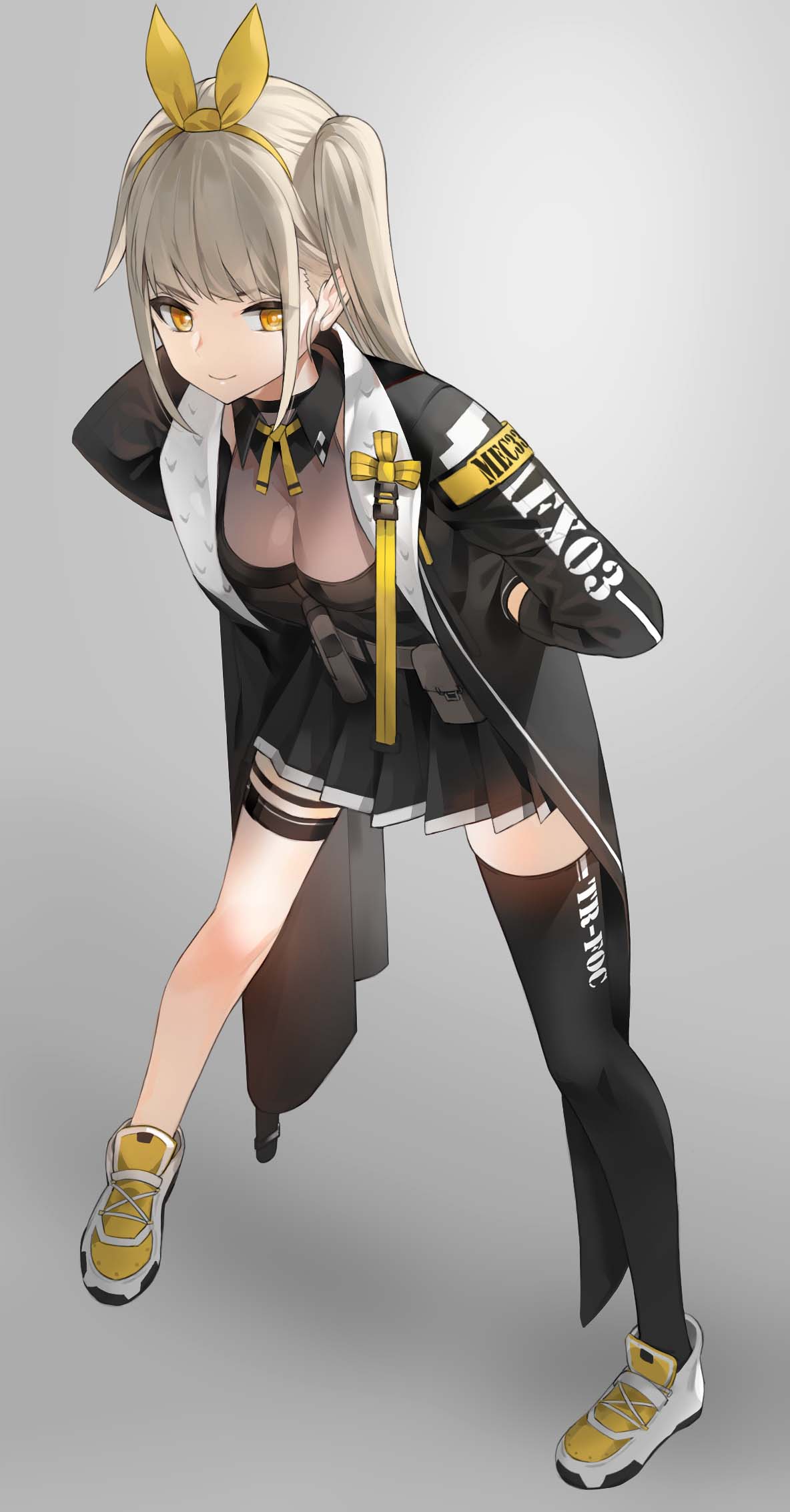 1girl bangs black_legwear black_skirt blonde_hair breasts cleavage highres jacket kfr leaning_forward legs_apart looking_at_viewer medium_breasts one_side_up open_clothes open_jacket original pleated_skirt single_thighhigh skirt smile solo thigh-highs thigh_strap yellow_eyes