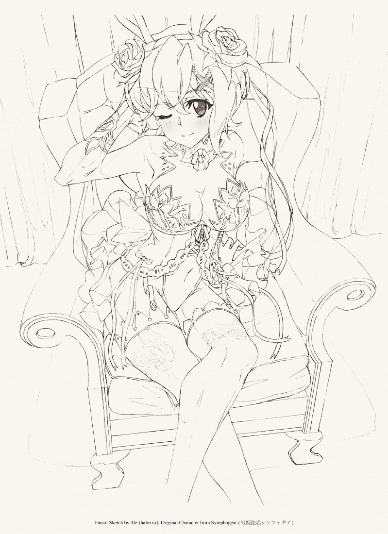 1girl akatsuki_kirika animal_ears blush breasts bridal_veil chair cleavage collarbone commentary covered_navel dress english_commentary english_text fake_animal_ears flower from_above garter_straps groin hair_flower hair_ornament hair_ribbon halexxx large_breasts legs_crossed looking_at_viewer one_eye_closed rabbit_ears ribbon rose senki_zesshou_symphogear shiny shiny_hair short_hair sitting sketch smile solo thigh-highs veil wedding_dress x_hair_ornament