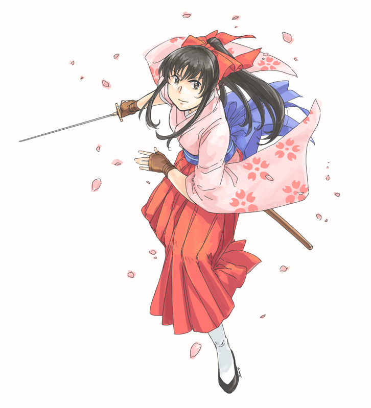 1girl black_hair blue_sash bow cherry_blossoms closed_mouth commentary eyebrows_visible_through_hair fingerless_gloves floral_print full_body gloves hair_between_eyes hair_bow hakama holding holding_sword holding_weapon japanese_clothes katana kimono long_hair long_sleeves looking_at_viewer obi petals pink_kimono ponytail pose red_bow red_hakama sakura_taisen sash scabbard sheath shinguuji_sakura sidelocks simple_background smile solo sword tabi v-shaped_eyebrows weapon weidashming white_background white_legwear wide_sleeves