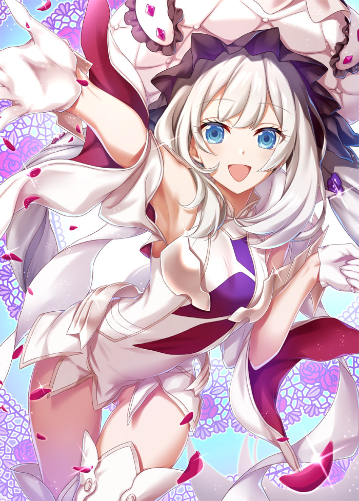 1girl :d armpits blue_eyes boots dress eyebrows_visible_through_hair fate/grand_order fate_(series) gloves hat leaning_forward long_hair looking_at_viewer marie_antoinette_(fate/grand_order) nina_(pastime) open_mouth outstretched_arm short_dress silver_hair sleeveless sleeveless_dress smile solo standing thigh-highs thigh_boots thigh_gap white_dress white_footwear white_gloves white_headwear