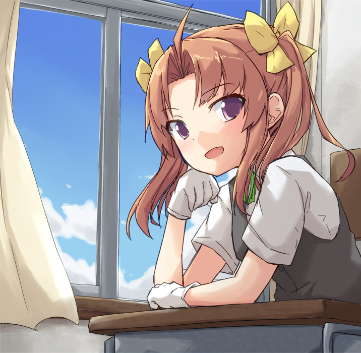 1girl ahoge blue_sky brown_hair clouds curtains desk gloves green_neckwear green_ribbon grey_vest hair_ribbon kagerou_(kantai_collection) kakizaki_(chou_neji) kantai_collection looking_at_viewer neck_ribbon ribbon school_desk school_uniform shirt short_sleeves sky solo twintails upper_body vest violet_eyes white_gloves white_shirt window yellow_ribbon