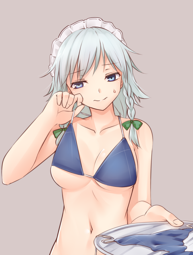 1girl adjusting_clothes adjusting_swimsuit bangs bare_arms bare_shoulders bikini bikini_bottom blue_bikini blue_eyes bow braid breasts collarbone commentary_request eyebrows_visible_through_hair green_bow grey_background hair_bow hand_up head_tilt holding holding_tray izayoi_sakuya looking_at_viewer maid_headdress medium_breasts miyo_(ranthath) navel short_hair silver_hair simple_background smile solo stomach strap_pull sweat swimsuit touhou tray twin_braids upper_body