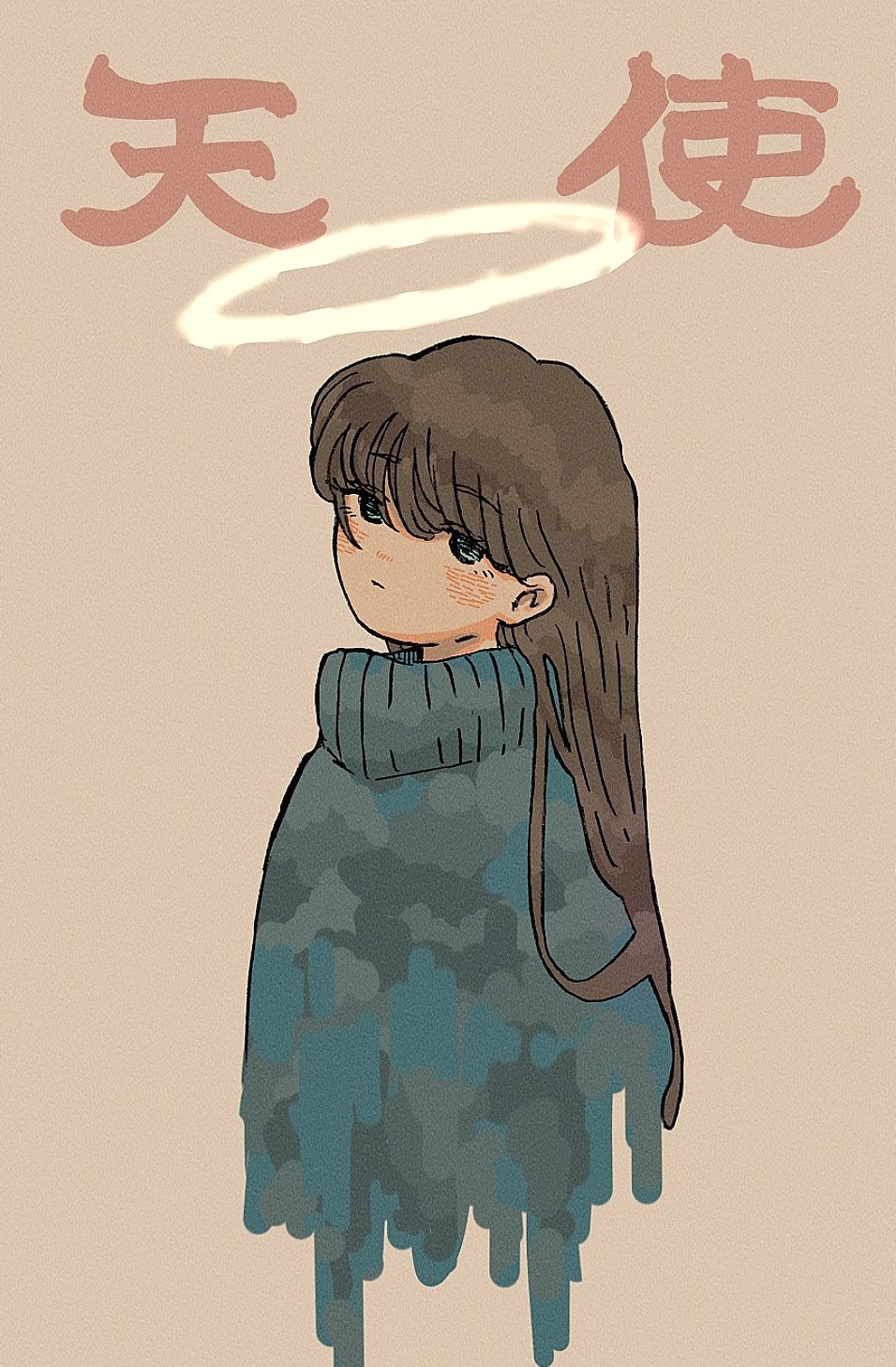 1girl bangs black_hair blue_eyes blue_sweater blush brown_background commentary_request cropped_torso expressionless eyebrows_visible_through_hair halo head_tilt highres looking_at_viewer original sakura_szm simple_background solo surreal sweater upper_body