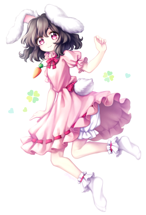 1girl animal_ears bangs black_hair bloomers blush bobby_socks bunny_tail carrot_necklace clover commentary dress eyebrows_visible_through_hair full_body hair_between_eyes hand_up heart inaba_tewi looking_at_viewer miy_001 neck_ribbon no_shoes pink_dress pink_eyes pink_neckwear pink_ribbon rabbit_ears ribbon ribbon-trimmed_dress short_hair simple_background smile socks solo symbol_commentary tail touhou underwear white_background white_bloomers white_legwear