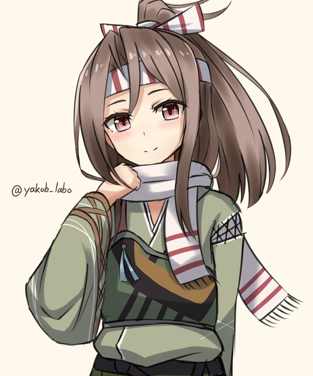 1girl brown_eyes brown_hair camouflage hachimaki hair_ribbon headband high_ponytail highres kantai_collection long_hair looking_at_viewer muneate rabochicken remodel_(kantai_collection) ribbon scarf simple_background smile solo twitter_username upper_body white_background white_scarf zuihou_(kantai_collection)