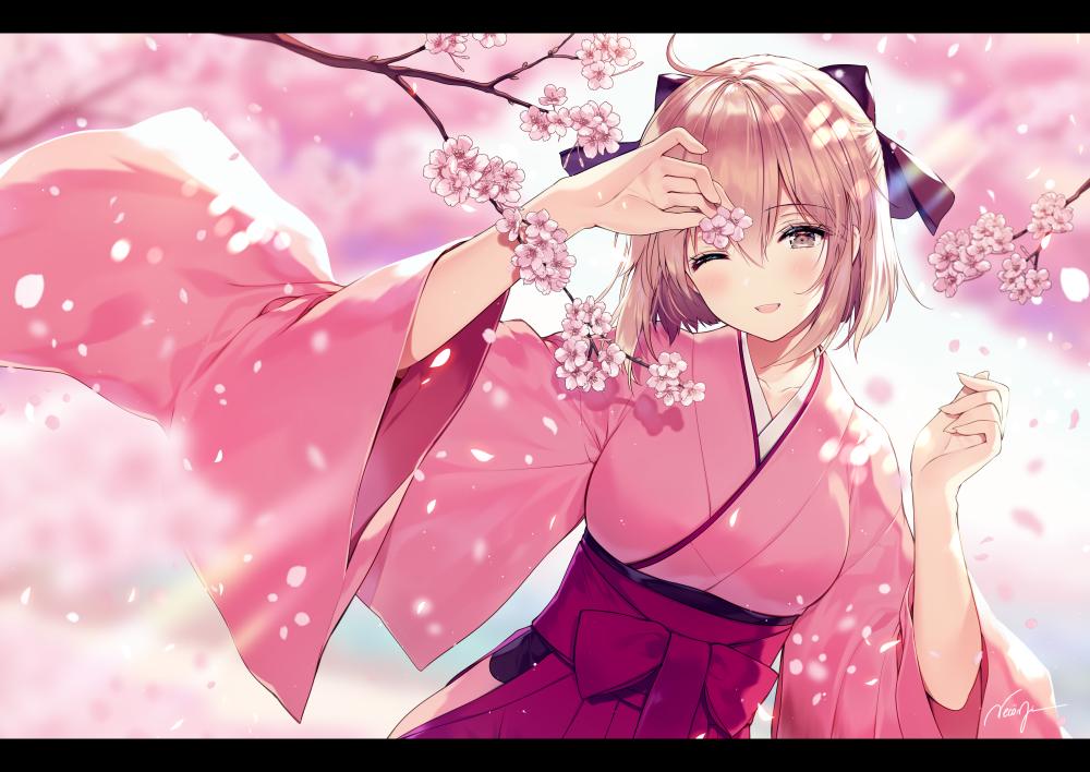 1girl ahoge alternate_costume black_bow blonde_hair blush bow breasts brown_eyes cherry_blossoms collarbone commentary_request eyebrows_visible_through_hair fate/grand_order fate_(series) hair_between_eyes hair_bow holding japanese_clothes kimono large_breasts letterboxed long_sleeves looking_at_viewer necomi okita_souji_(fate) okita_souji_(fate)_(all) one_eye_closed open_mouth outdoors pink_kimono short_hair signature solo wide_sleeves