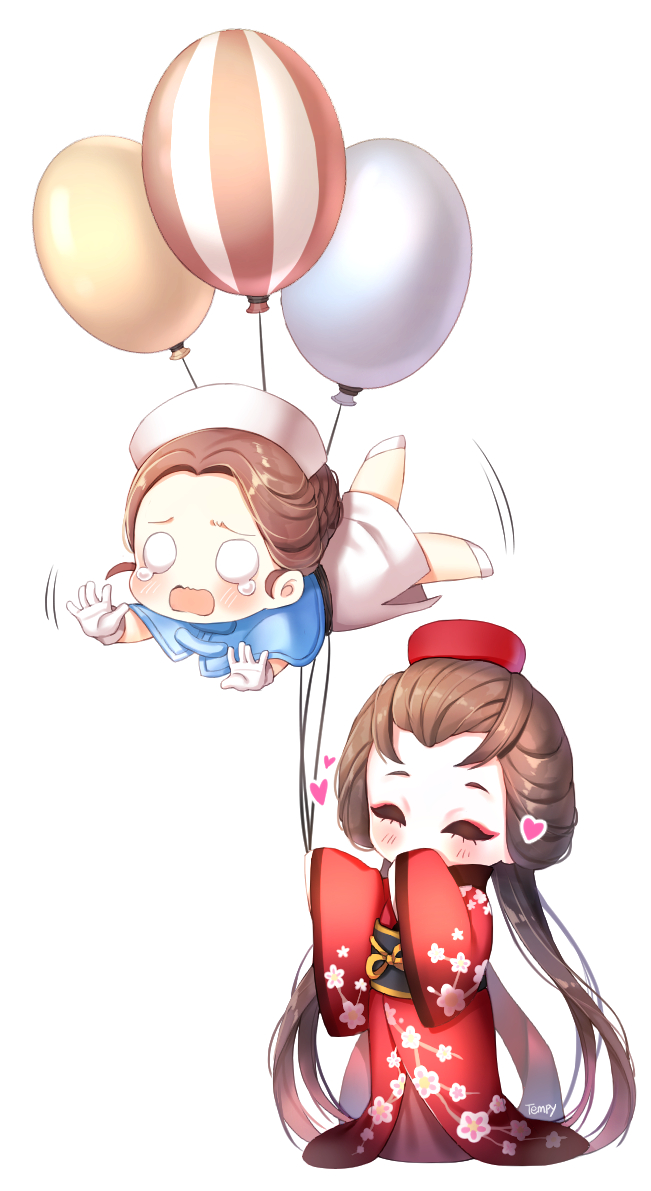 2girls balloon bangs blue_capelet blush_stickers braid brown_hair capelet character_request chibi closed_eyes commentary_request floral_print forehead hat heart holding holding_balloon identity_v japanese_clothes kimono long_hair long_sleeves low_twintails mini_hat multiple_girls nurse_cap o_o obi open_mouth parted_bangs print_kimono red_headwear red_kimono sash simple_background skirt sleeves_past_wrists standing teardrop tempi_(yise426) twintails very_long_hair wavy_mouth white_background white_footwear white_headwear white_skirt wide_sleeves