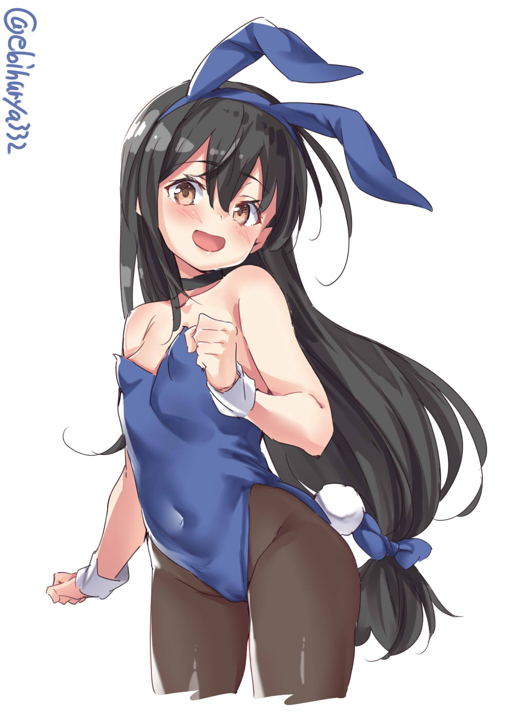 1girl :d animal_ears black_hair black_legwear blue_leotard blush breasts brown_eyes bunny_girl bunny_tail bunnysuit covered_navel cowboy_shot cropped_legs ebifurya eyebrows_visible_through_hair fake_animal_ears hair_between_eyes hairband hatsushimo_(kantai_collection) highres kantai_collection leotard long_hair low-tied_long_hair open_mouth pantyhose rabbit_ears simple_background small_breasts smile solo tail very_long_hair white_background wrist_cuffs