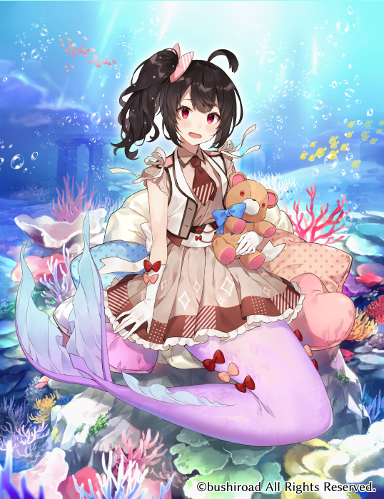 1girl ahoge air_bubble animal bangs black_hair blush bow brown_bow brown_dress brown_neckwear bubble cardfight!!_vanguard character_request commentary_request coral dappled_sunlight day dress fish gloves hair_bow head_tilt heart jacket long_hair mermaid monster_girl object_hug ocean_bottom one_side_up open_clothes open_jacket open_mouth outdoors pink_bow pleated_dress red_bow red_eyes school_of_fish shirako_miso sleeveless sleeveless_dress sleeveless_jacket solo stuffed_animal stuffed_toy sunlight teddy_bear underwater water watermark white_gloves white_jacket