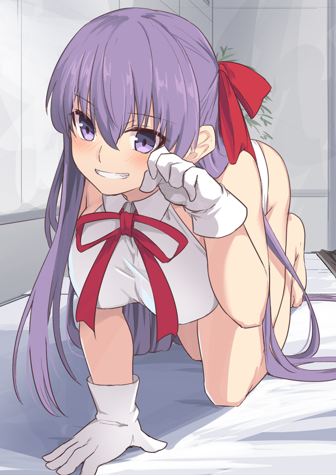 1girl bangs bare_shoulders bb_(fate)_(all) bb_(fate/extra_ccc) blush breasts fate/extra fate/extra_ccc fate/grand_order fate_(series) gloves grin hair_between_eyes large_breasts leotard long_hair looking_at_viewer on_bed purple_hair red_ribbon ribbon shiseki_hirame smile solo thighs violet_eyes white_gloves white_leotard