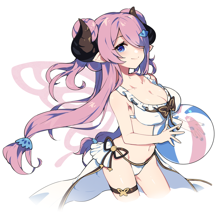 alternate_costume alternate_hairstyle ball beachball bikini blue_eyes breasts bug butterfly conch draph frilled_bikini frills front-tie_bikini front-tie_top granblue_fantasy hair_over_one_eye insect large_breasts long_hair low-tied_long_hair narmaya_(granblue_fantasy) pointy_ears ribbon sharlorc showgirl_skirt side-tie_bikini smile swimsuit twintails violet_eyes white_background