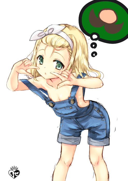 1girl bare_arms bare_shoulders blonde_hair breasts chize cleavage collarbone facial_hair green_eyes hair_ribbon hair_strand hairband hands_up kantai_collection leaning_forward long_hair looking_at_viewer luigi_torelli_(kantai_collection) mustache naked_overalls overalls parted_lips red_ribbon ribbon simple_background small_breasts solo suspenders suspenders_slip thought_bubble white_background white_hairband