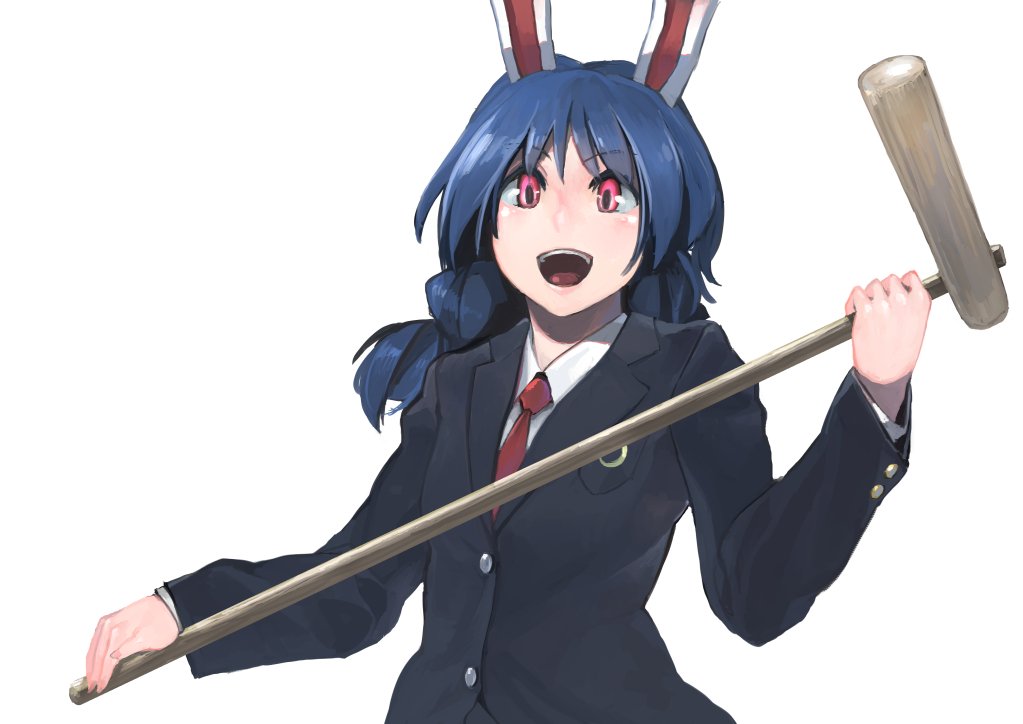 1girl :d animal_ears bangs black_jacket blazer blue_hair braid cosplay eyebrows_visible_through_hair holding holding_mallet ichiba_youichi jacket kine long_hair long_sleeves looking_at_viewer necktie open_mouth rabbit_ears red_eyes red_neckwear reisen_udongein_inaba reisen_udongein_inaba_(cosplay) seiran_(touhou) shirt simple_background smile solo touhou twin_braids twintails upper_body white_background white_shirt