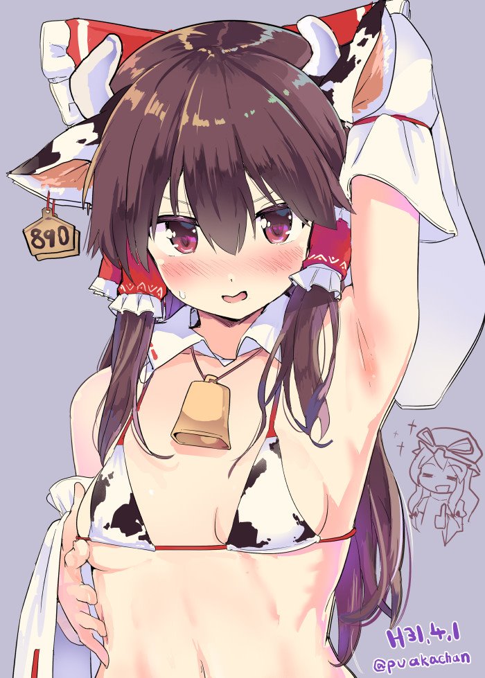 2girls :d =_= animal_ears animal_print arm_up armpits artist_name bangs bare_shoulders bell bikini black_hair blush bow breasts commentary_request cow_bell cow_ears cow_horns cow_print detached_collar detached_sleeves eyebrows_visible_through_hair fake_animal_ears fake_horns frilled_bow frilled_shirt_collar frills hair_between_eyes hair_bow hair_tubes hakurei_reimu hat hat_ribbon horns long_hair long_sleeves looking_at_viewer mob_cap multiple_girls navel nose_blush open_mouth purple_background puuakachan red_bow ribbon sidelocks simple_background small_breasts smile stomach swimsuit thumbs_up touhou twitter_username upper_body violet_eyes white_bikini wide_sleeves yakumo_yukari