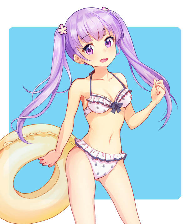 1girl bikini blue_background breasts collarbone contrapposto cowboy_shot frilled_bikini frills head_tilt innertube kometaki long_hair looking_at_viewer navel new_game! open_mouth polka_dot polka_dot_bikini purple_hair round_teeth small_breasts smile solo square suzukaze_aoba swimsuit teeth twintails two-tone_background upper_teeth violet_eyes white_background white_bikini