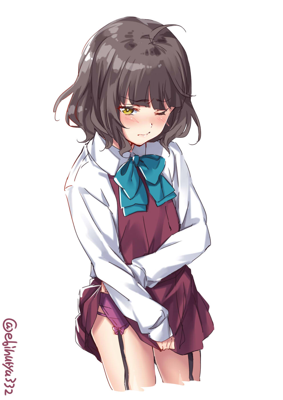 1girl ahoge alternate_legwear bangs blue_neckwear blunt_bangs blush bow bowtie brown_hair closed_mouth cropped_legs dress ebifurya eyebrows_visible_through_hair garter_belt garter_straps highres kantai_collection kishinami_(kantai_collection) lifted_by_self long_sleeves looking_at_viewer lowleg lowleg_panties one_eye_closed panties pleated_dress purple_dress purple_panties school_uniform shirt short_hair solo thighs twitter_username underwear wavy_hair white_shirt yellow_eyes